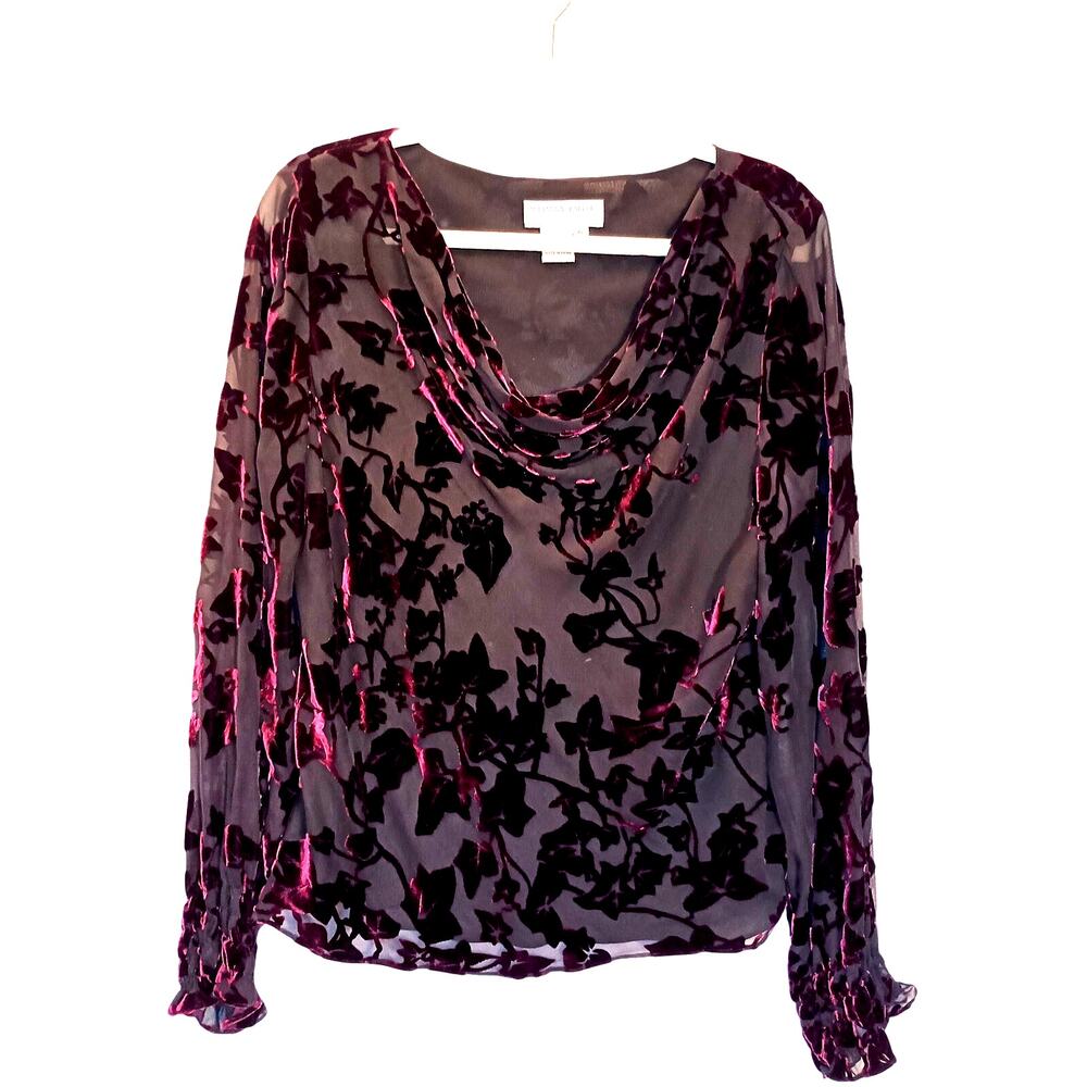 Adrianna Pappell Burnout Cowl Neck Black and Maroon Silk Blend Blouse Whimsigoth